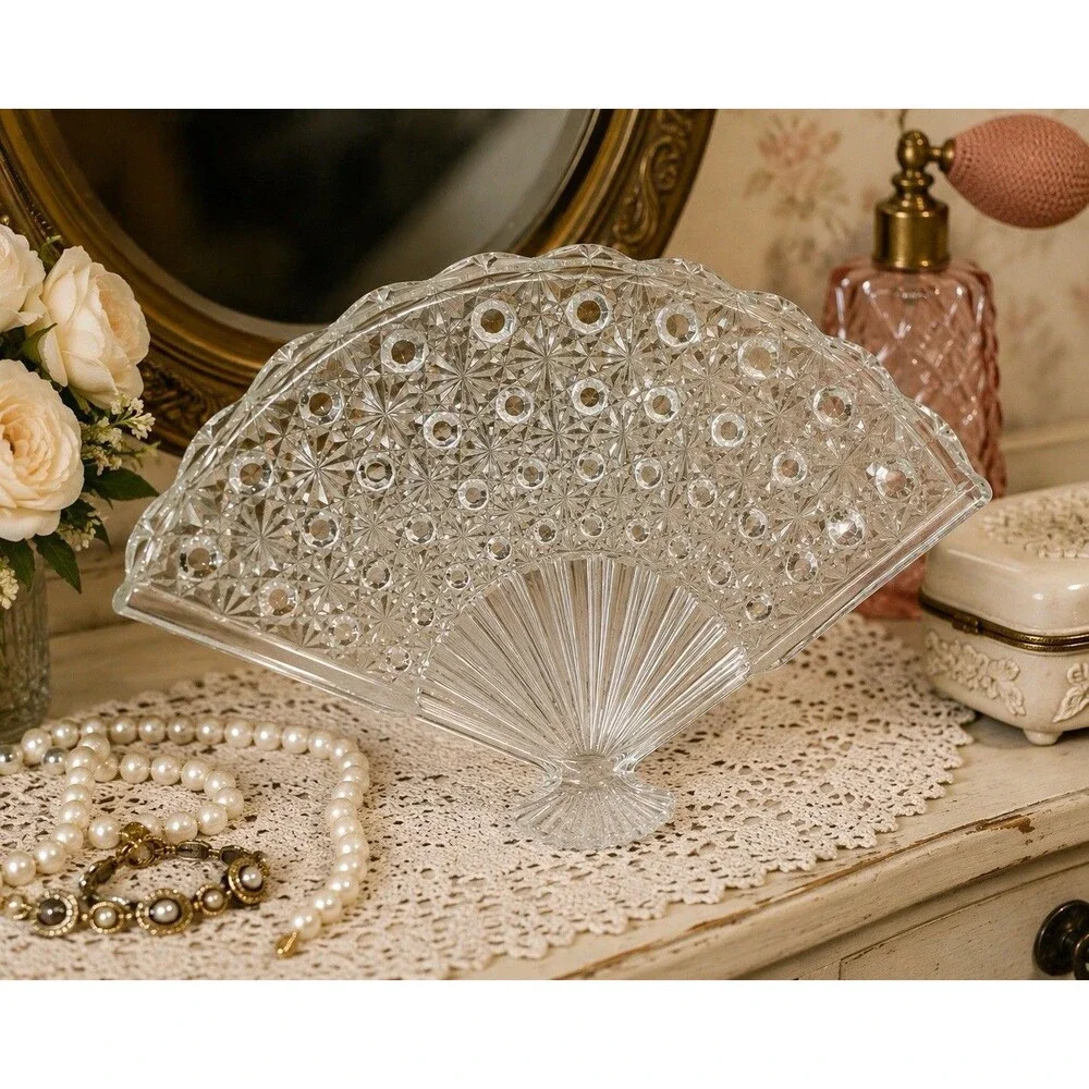 Vintage Pressed Glass Fan Shaped Serving Tray Crystal Starburst Vanity Decor Art